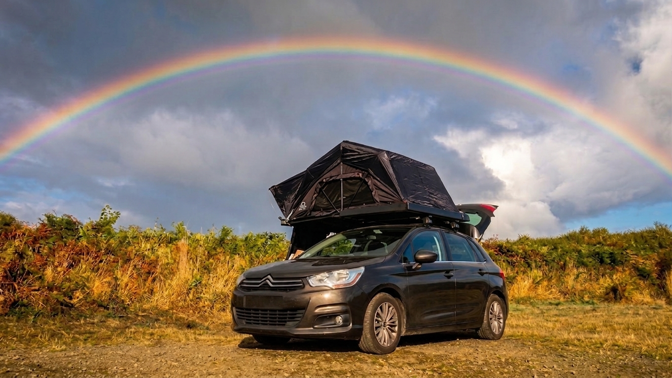 Voiture équipée d'une tente de toit ouverte, stationnée sur un chemin de terre bordé de fougères et de landes dorées, sous un double arc-en-ciel en Bretagne.
