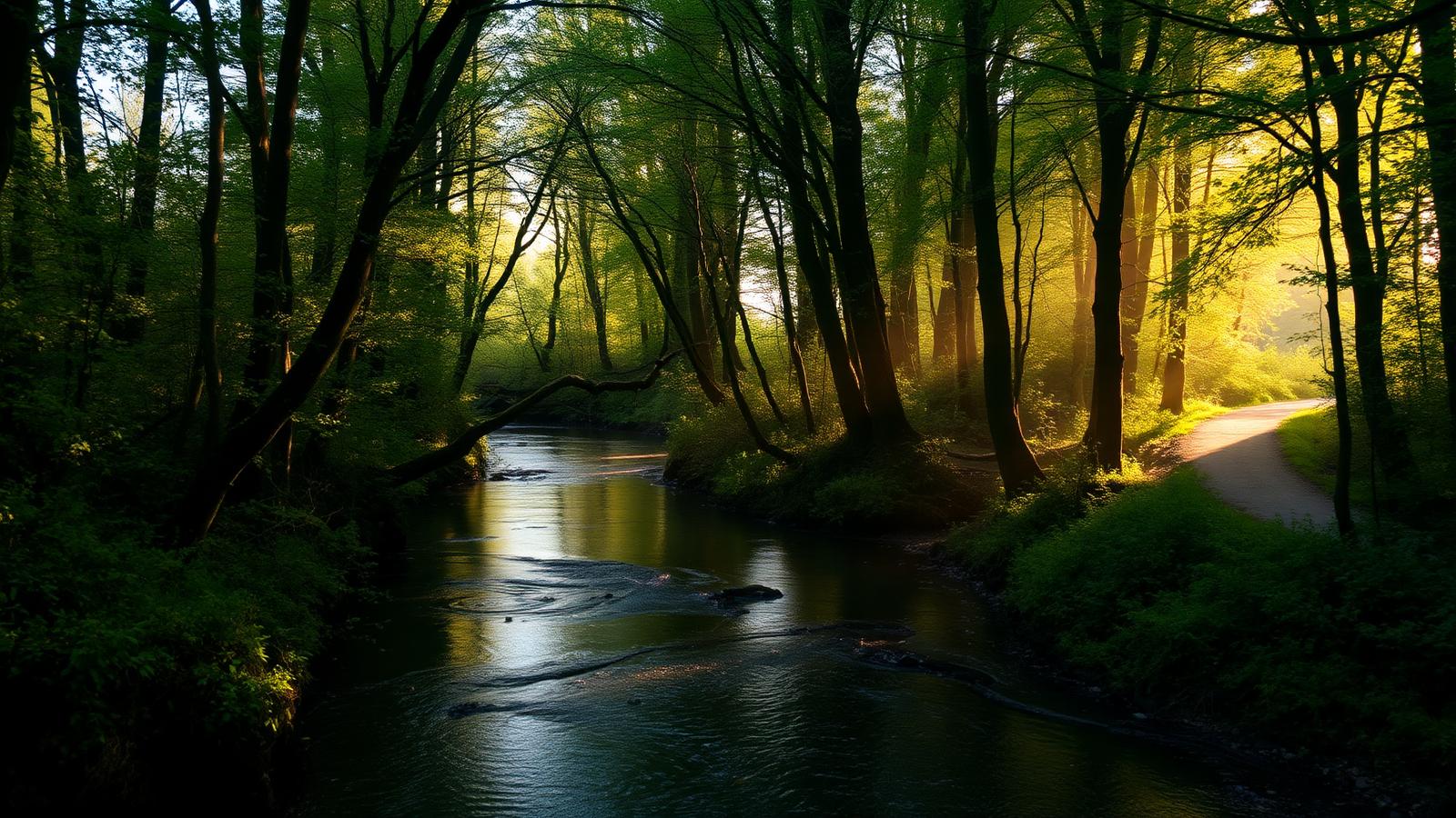 Rivière fraîche et sentier ombragé serpentant sous une forêt de feuillus dense en France au petit matin d'été — s'abriter de la chaleur pendant une canicule.