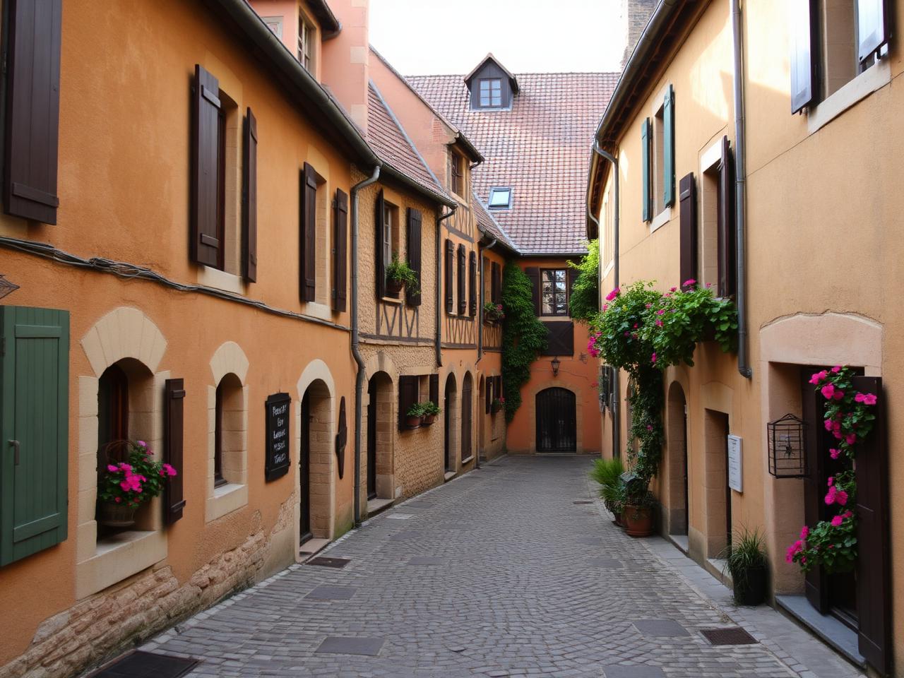 Ruelle pavée d'un village de Bourgogne avec maisons anciennes fleuries