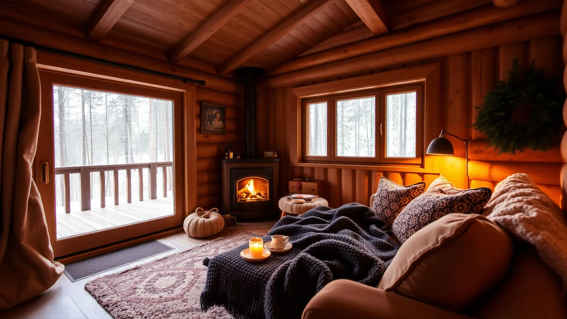 Intérieur cosy d'un chalet en bois avec cheminée et vue sur la forêt enneigée.