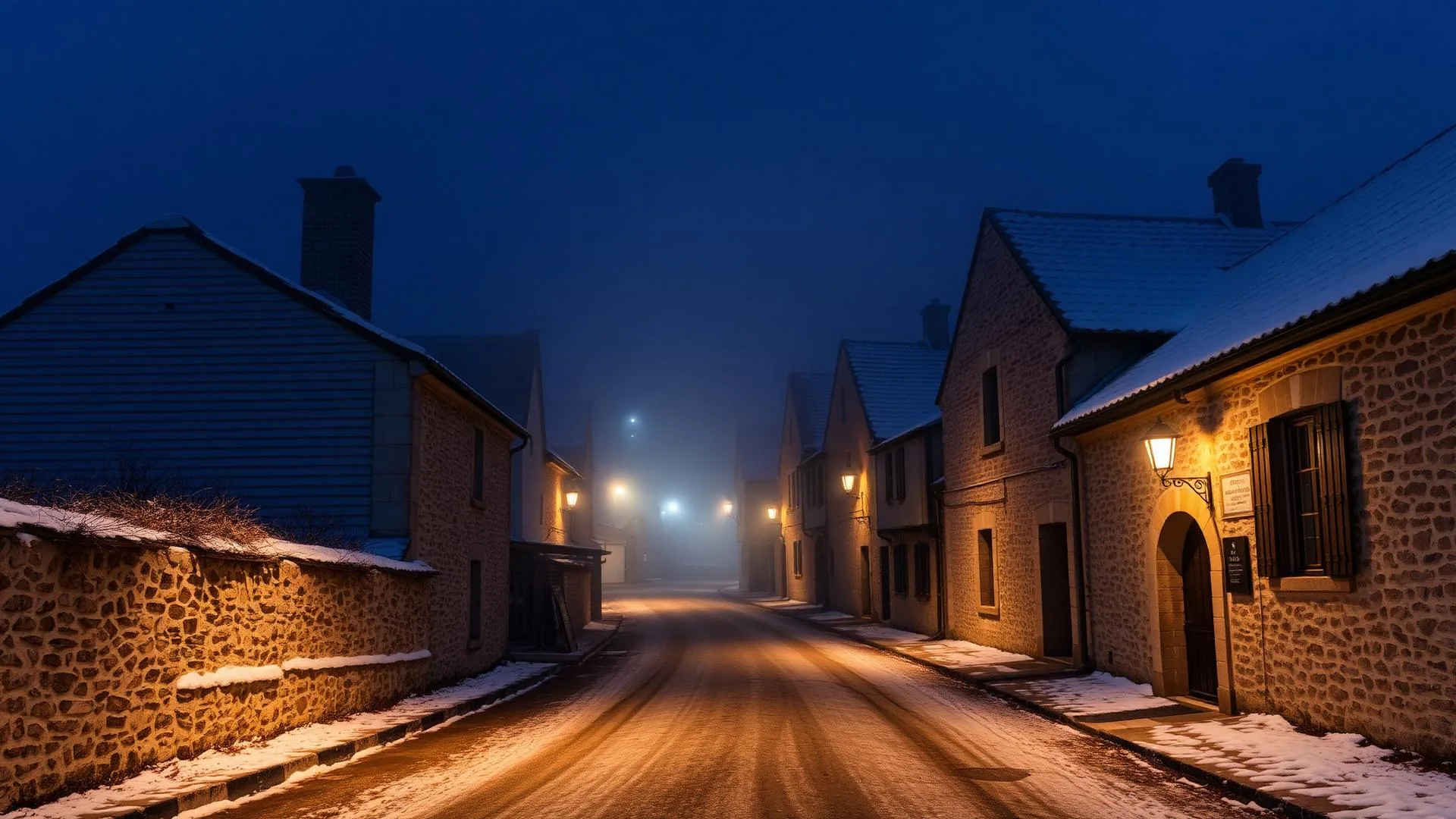 Village médiéval français en hiver sous la brume matinale, ruelles désertes éclairées par des lanternes.