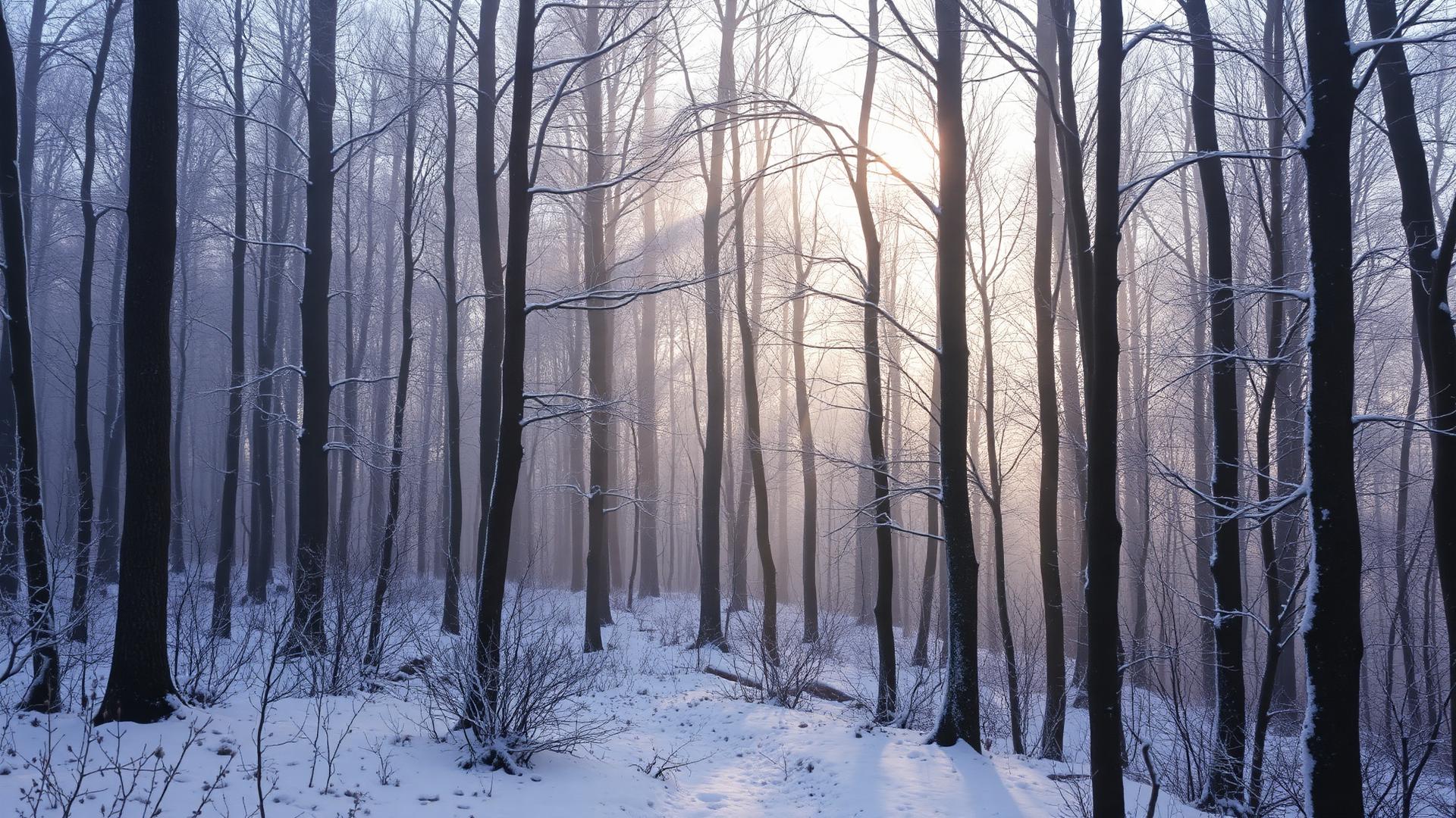Forêt française enneigée traversée par une lumière douce et brumeuse, ambiance contemplative.