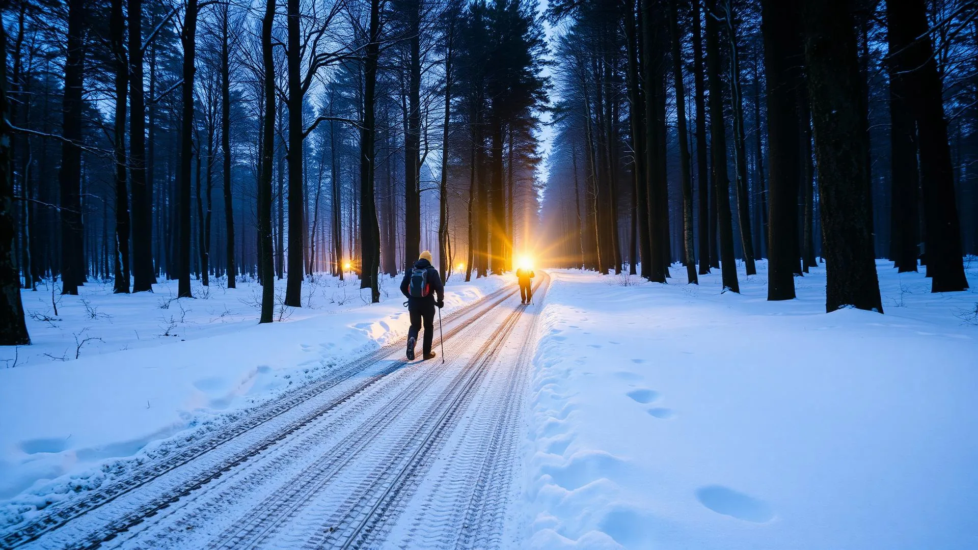 Randonneurs en raquettes traversant une forêt enneigée des Vosges au coucher du soleil.