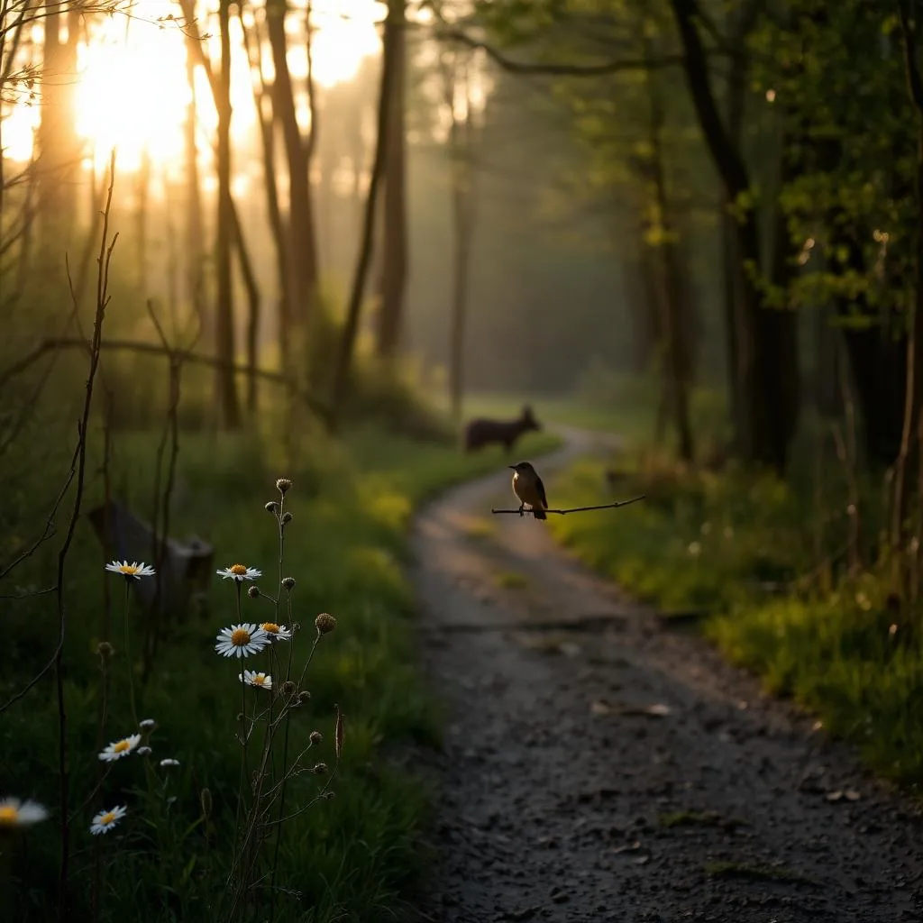 Sentier de campagne au coucher du soleil avec fleurs sauvages et un petit oiseau posé : ces gestes discrets qui peuvent déranger le vivant en vacances.