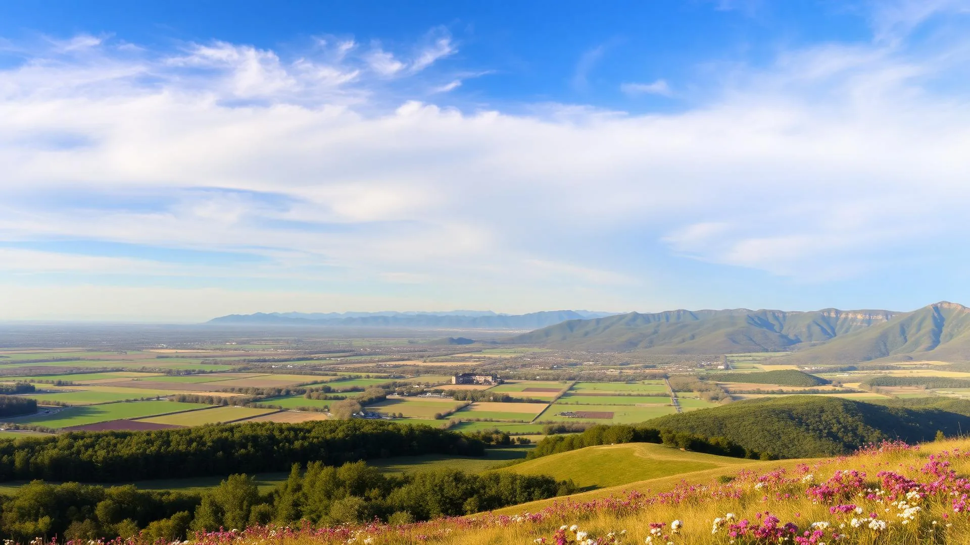 Vue panoramique sur une vallée française au printemps avec prairies fleuries et montagnes au loin.