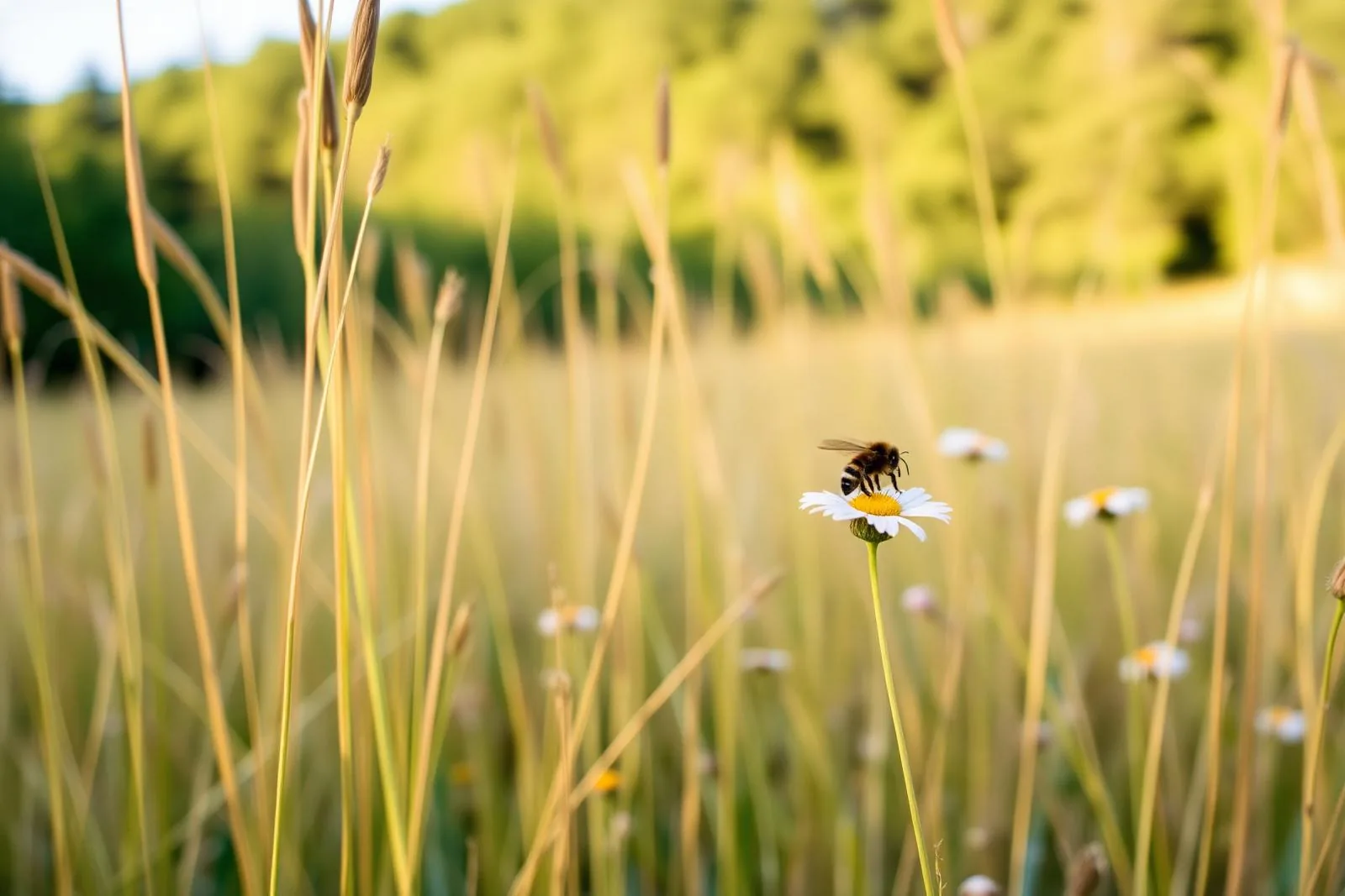 Abeille butinant une marguerite dans une prairie sauvage française au printemps — tourisme responsable et écotourisme nature en France.