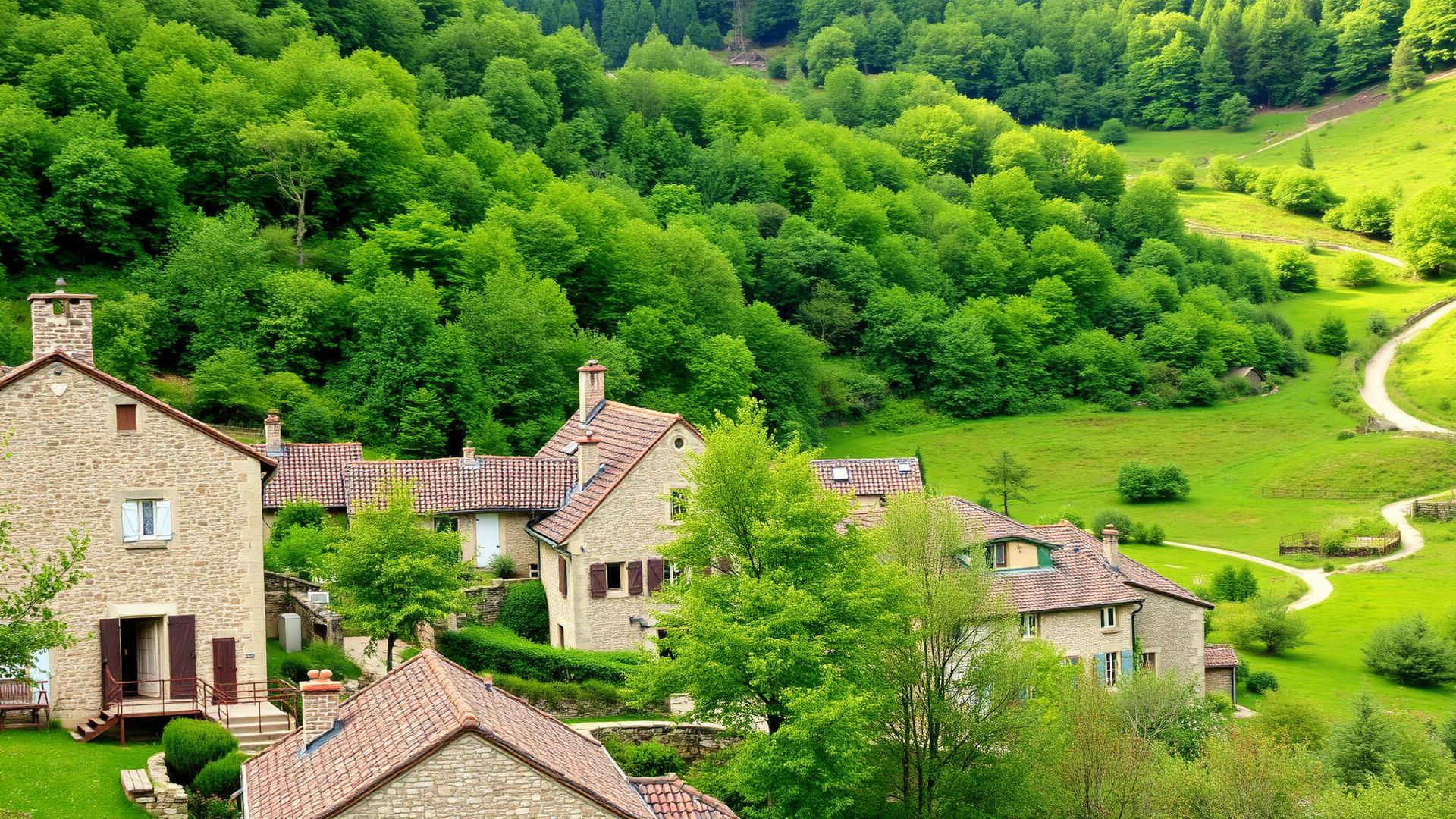 Petit village français en pierre niché dans une vallée verdoyante, ambiance slow travel.