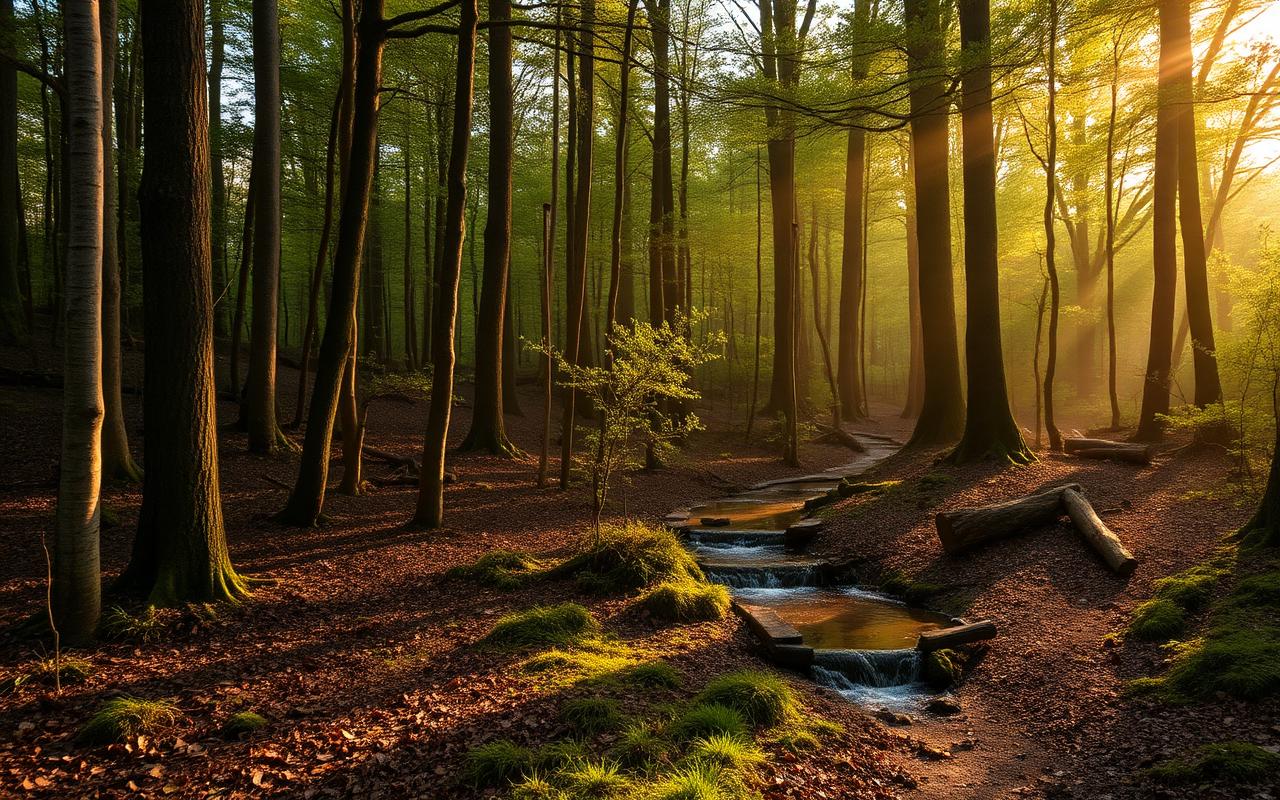 Sous-bois français baigné de lumière dorée au petit matin, ruisseau vivant et mousses régénérées — image du tourisme régénératif en France.