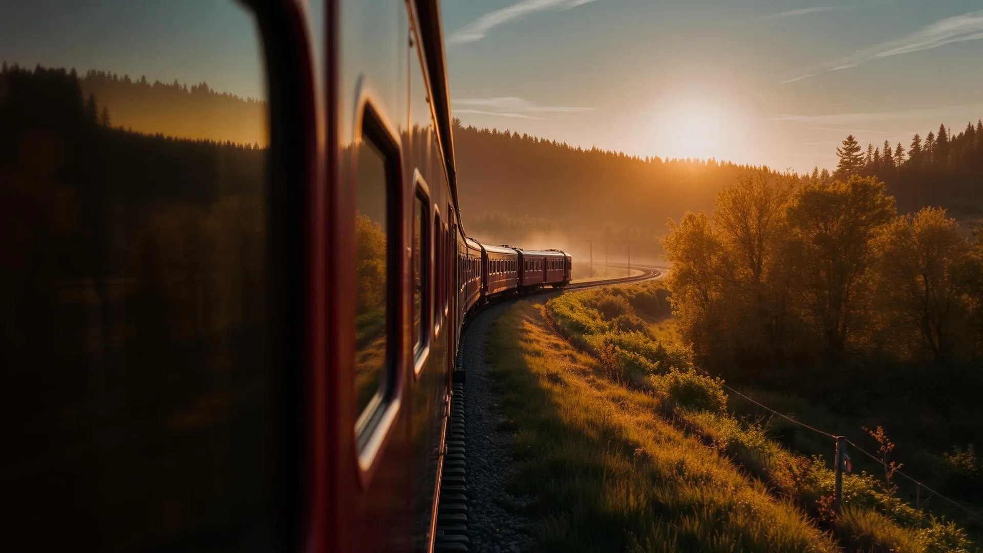 Train serpentant à travers un paysage français au lever du soleil, voyage responsable.