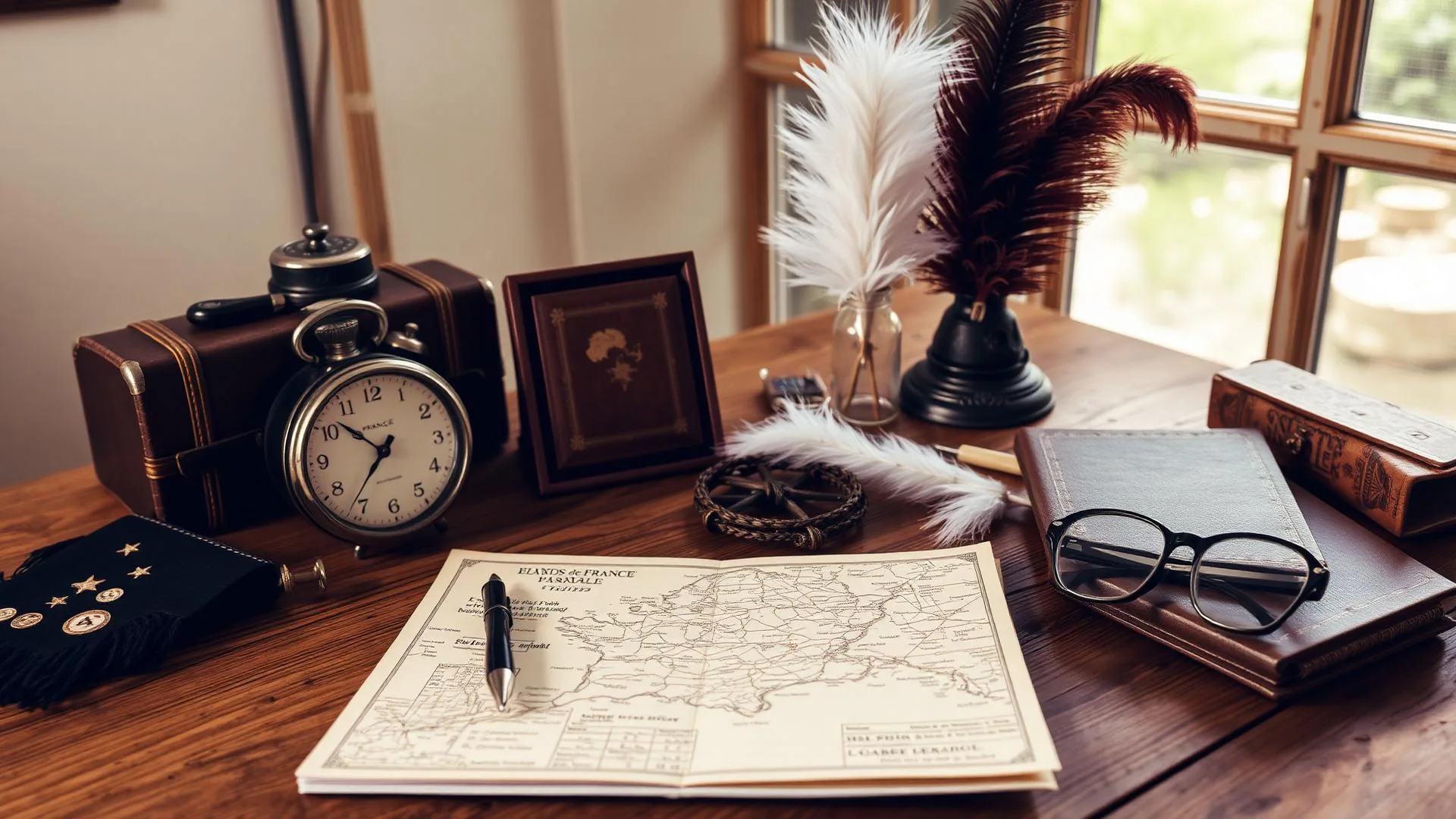 Carte de France et carnet de planification de voyage sur une table en bois.