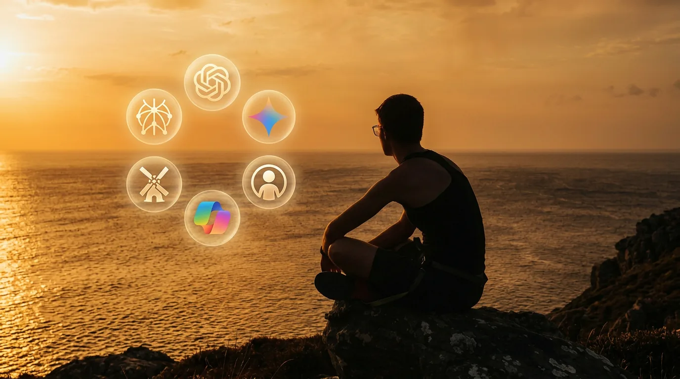 Travel planner éco-responsable observant pensivement une constellation de logos d'intelligences artificielles (ChatGPT, Gemini, Claude, Copilot, Mistral) au-dessus d'un paysage naturel français — organiser un voyage durable avec l'IA.