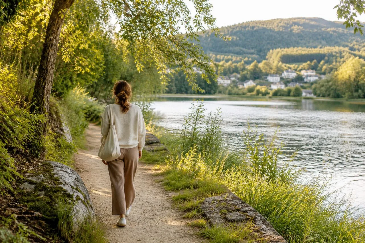 Femme seule en séjour nature en France, marchant au bord d'un lac dans une ambiance calme et ressourçante.