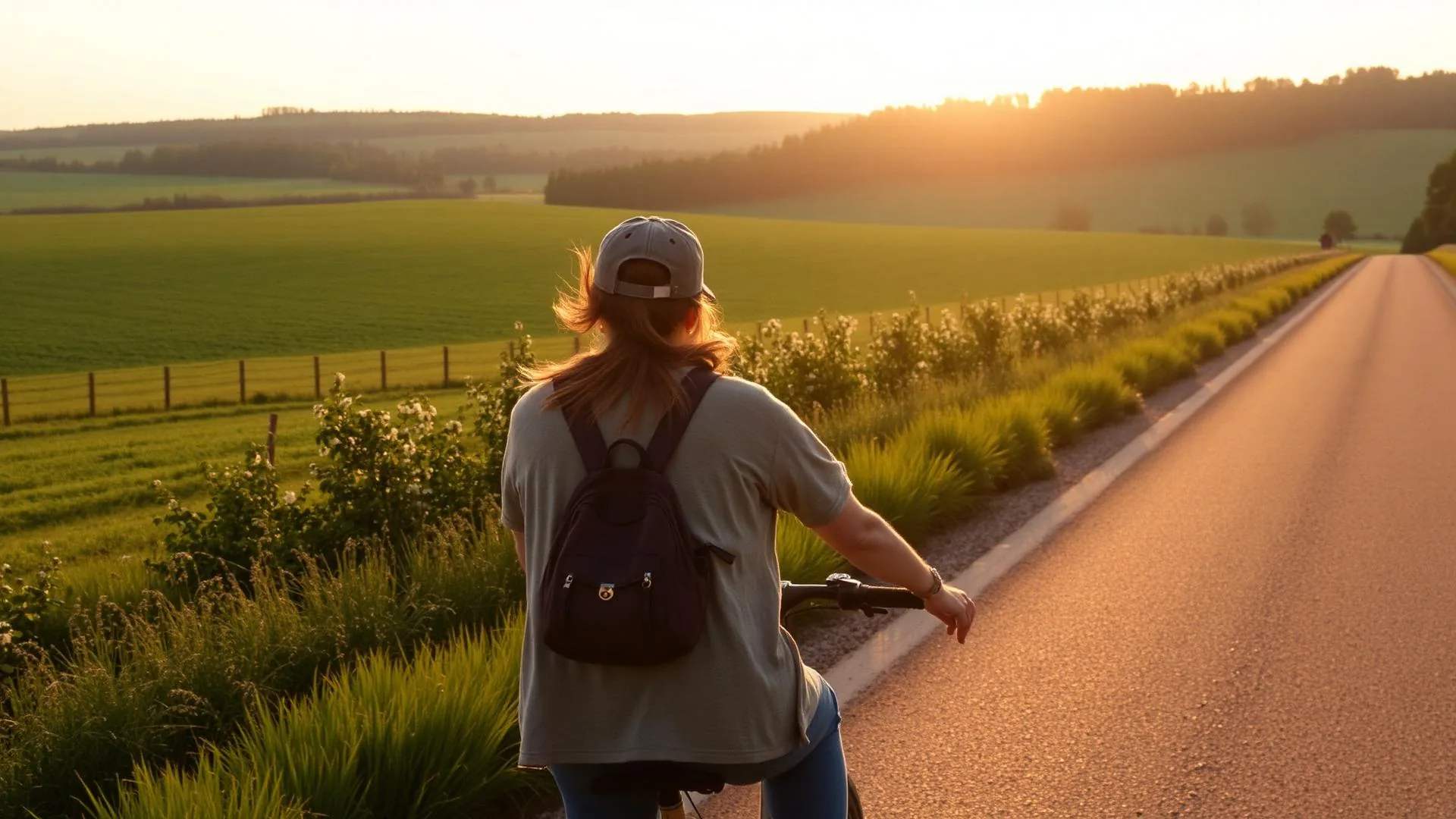 Voyageuse à vélo sur une voie verte au coucher du soleil dans la campagne française.
